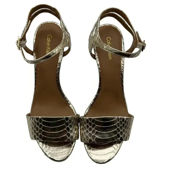 Calvin Klein Womens 10 Nadina Snakeskin Print Gold Stiletto Heels Dress Sandals - Picture 3 of 12